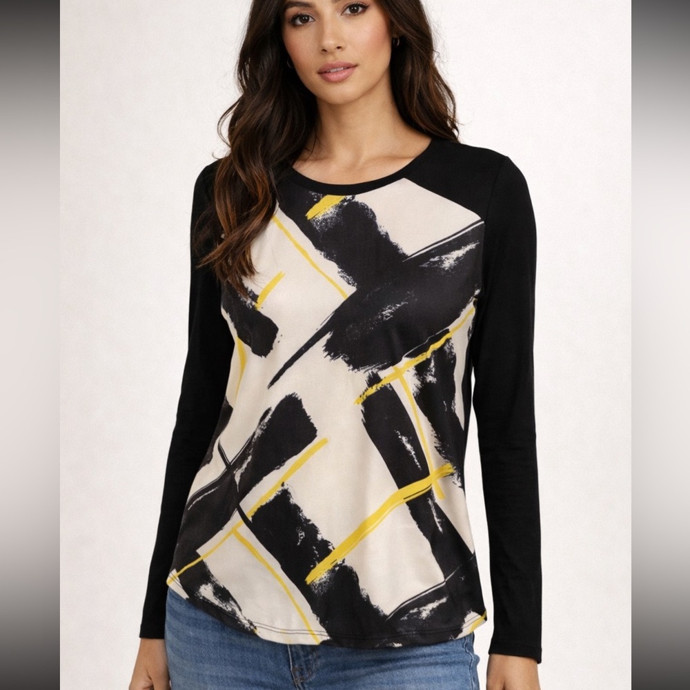Abstract Black and Yellow Long Sleeve Top